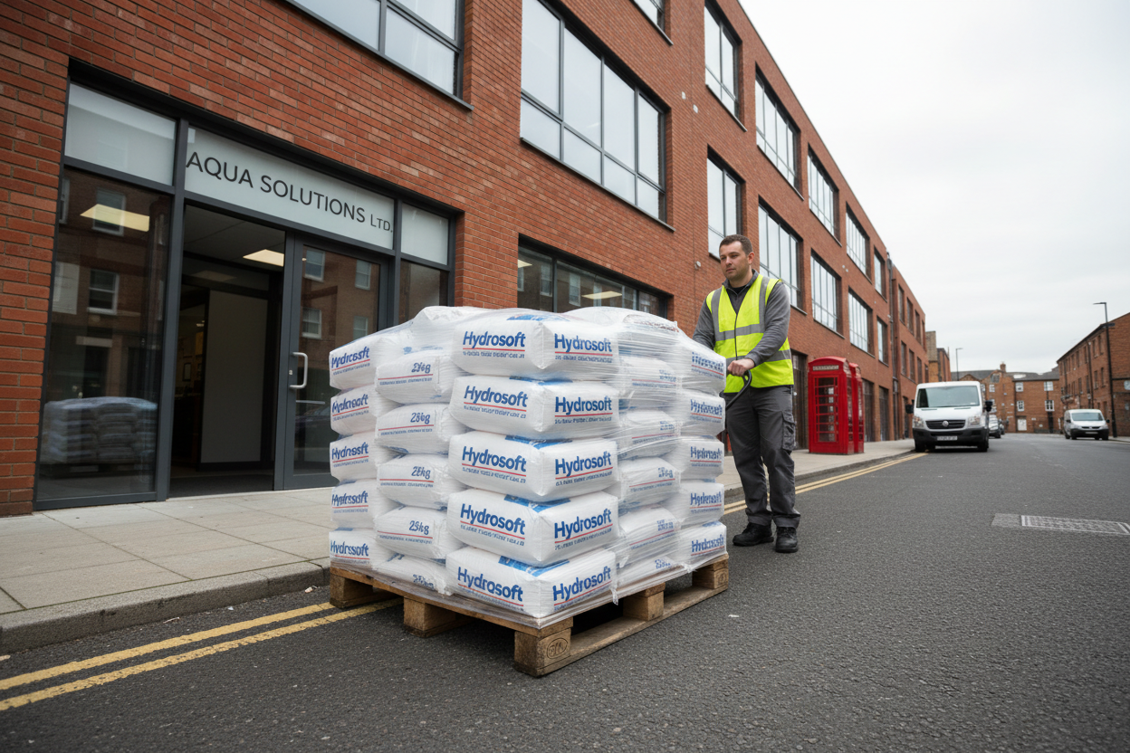 Hydrosoft 25kg salt bags on pallet being delivered to commercial site